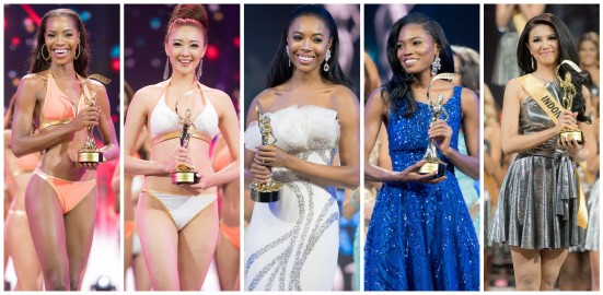 L - R: Bahamas (Best in Swimsuit), Korea (Popular Vote), England (Best in Evening Gown), Jamaica (Best in Social Media) and Indonesia (Best in National Costume)